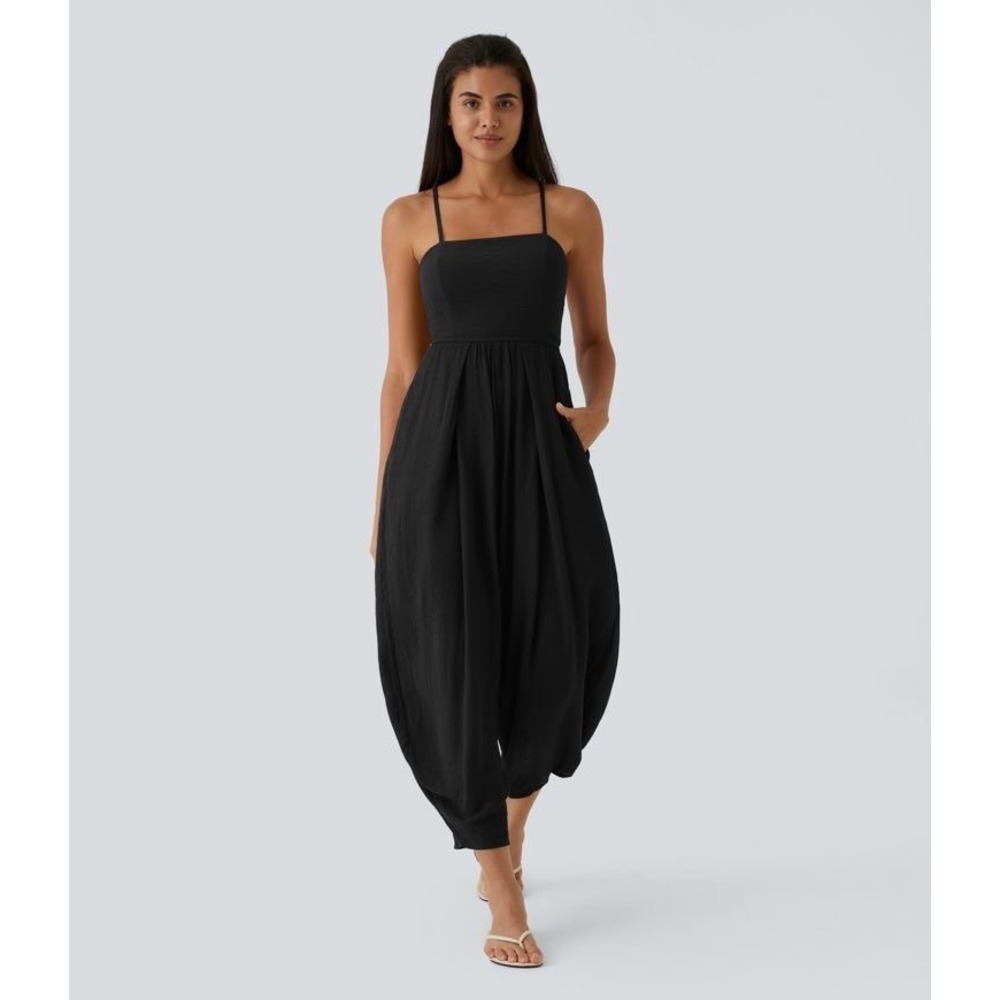 Halara Spaghetti Strap Lace Up Pocket Jumpsuit Black Size M Barrel Crop Textured